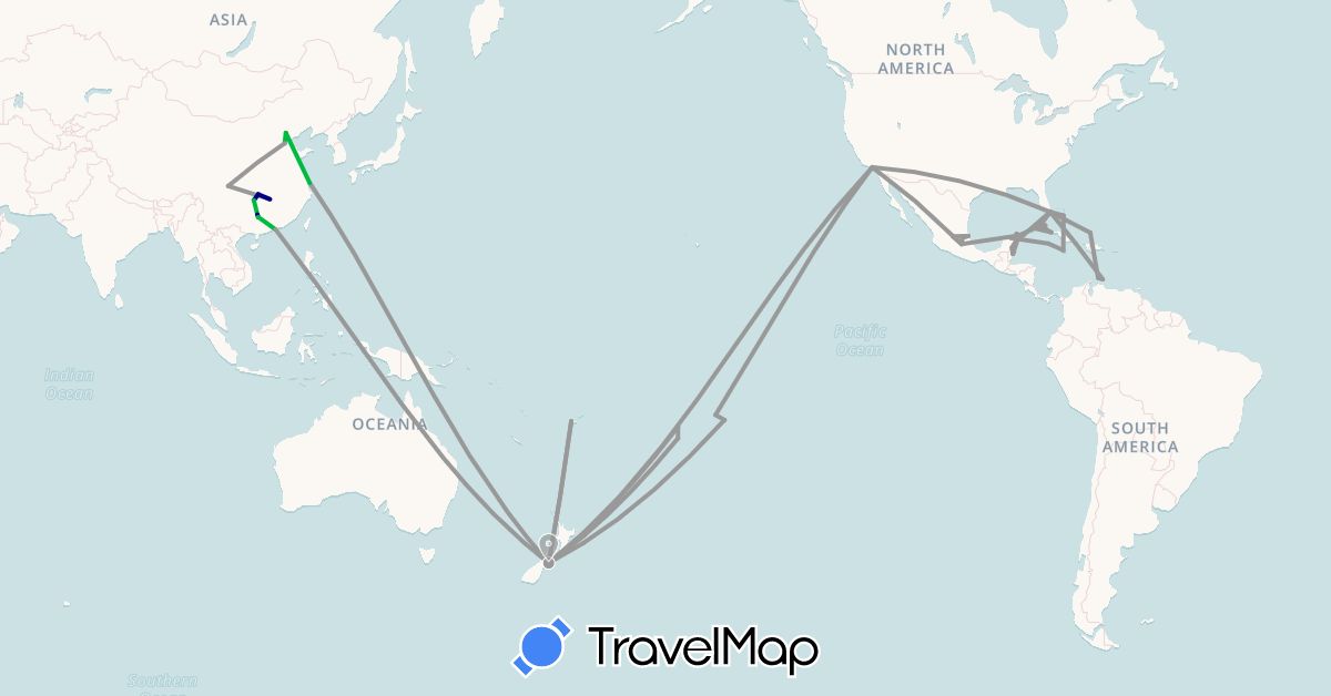 TravelMap itinerary: driving, bus, plane in Bahamas, Belize, Cook Islands, China, Cuba, Fiji, France, Jamaica, Cayman Islands, Mexico, Netherlands, New Zealand, Turks and Caicos Islands, United States (Asia, Europe, North America, Oceania)